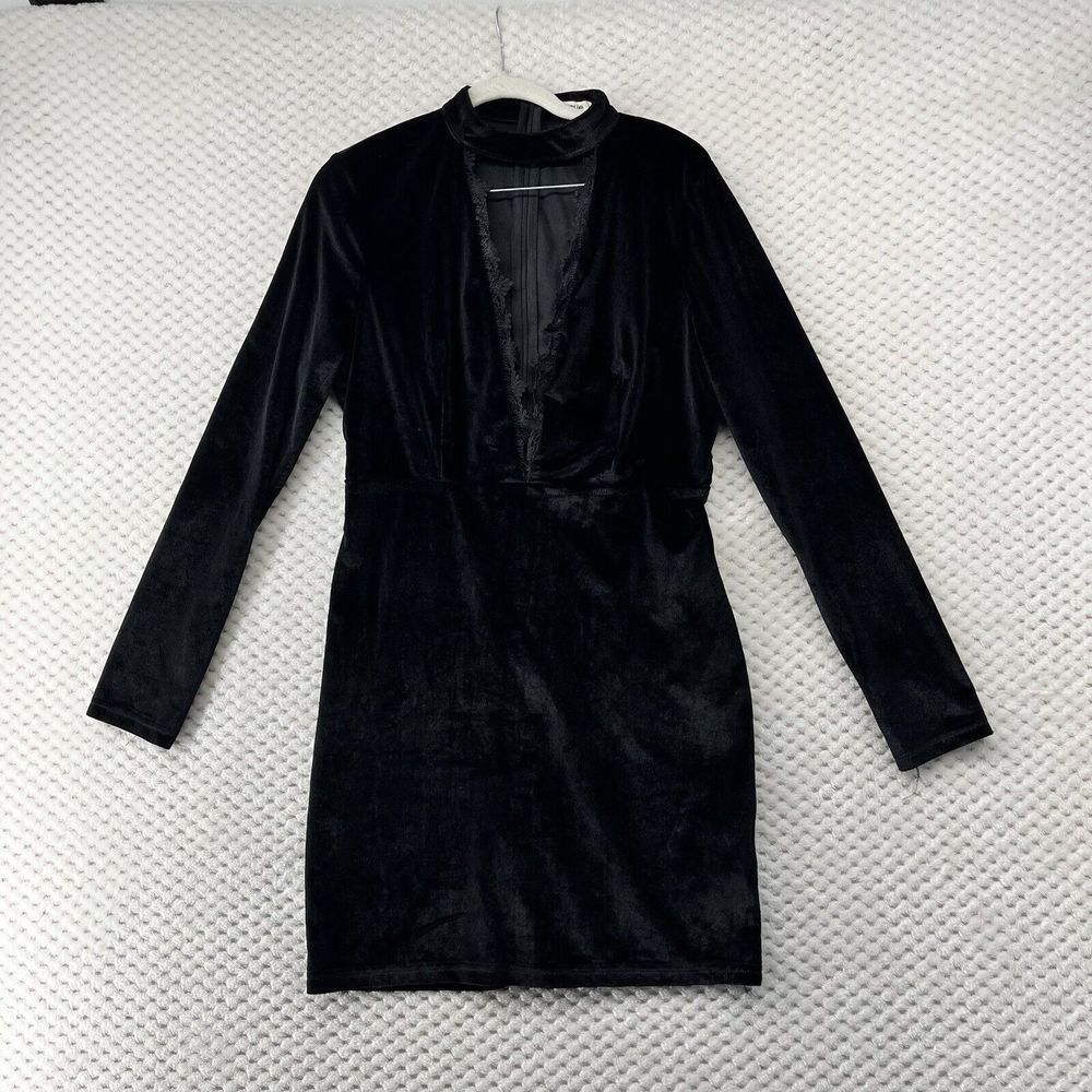 Essue Velvet Mini Dress Mock‎ Neck Long Sleeve Party Dress Black Whimsigoth L